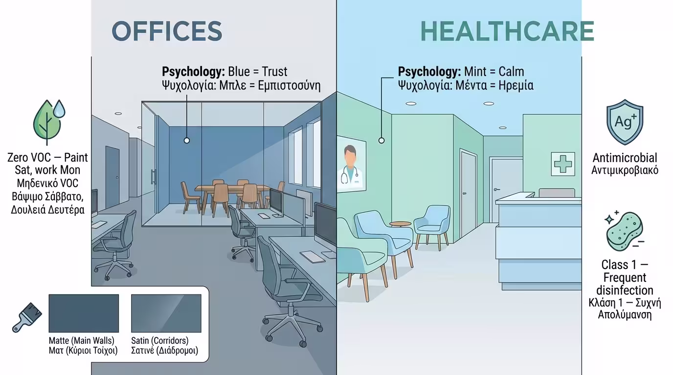 Infographic: Γραφεία (Zero VOC, παραγωγικότητα) & Ιατρεία (αντιμικροβιακά, Class 1)