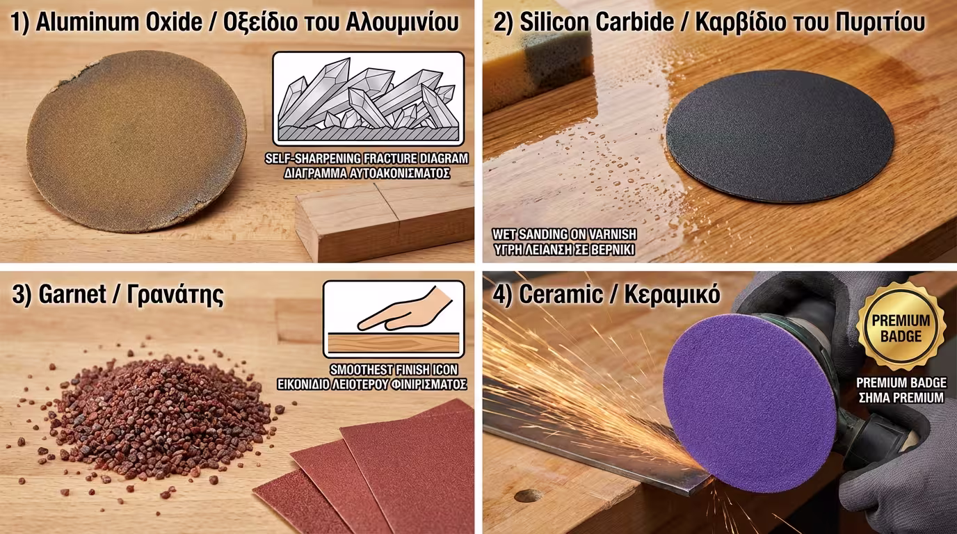 Ινφογκράφικ 4 υλικών: Οξείδιο Αλουμινίου (καφέ, αυτο-ακονίζεται), Καρβίδιο Πυριτίου (μαύρο, wet sanding), Γρανάτης (κόκκινο, φυσικό), Κεραμικά (μοβ, premium) (ελληνικά και αγγλικά)