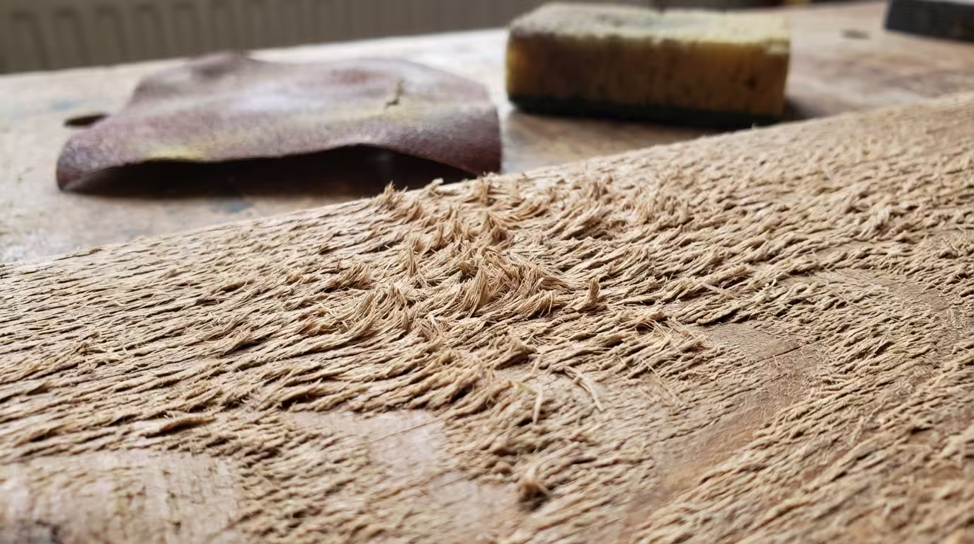 Ξύλινη επιφάνεια με ανασηκωμένες ίνες (grain raising) μετά την εφαρμογή βερνικιού νερού - τραχιά υφή