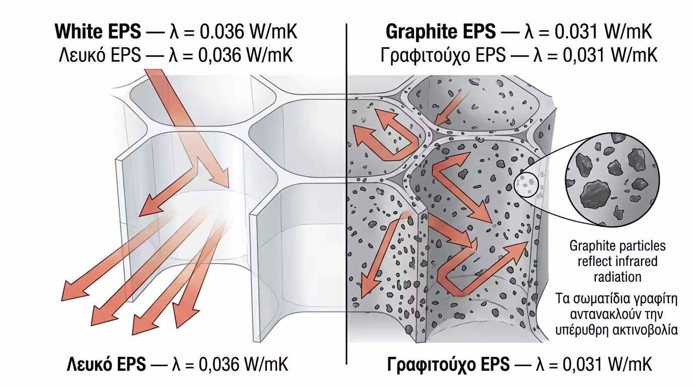 Δομή γραφιτούχας πολυστερίνης - σωματίδια γραφίτη σε EPS