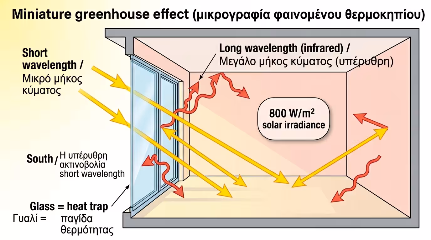 Ηλιακή ακτινοβολία διεισδύει από τζάμι και εγκλωβίζεται μέσα ως υπέρυθρη