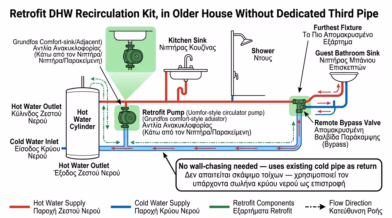 Grundfos Comfort - bypass βαλβίδα, παλιό σπίτι retrofit