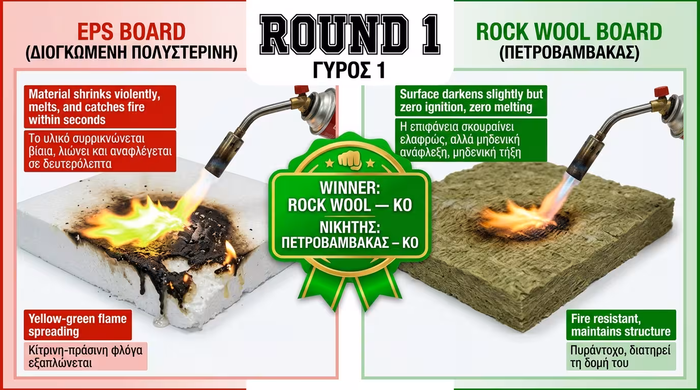 Γύρος 1: EPS λιώνει και αναφλέγεται σε δευτερόλεπτα - πετροβάμβακας δεν αντιδρά καθόλου