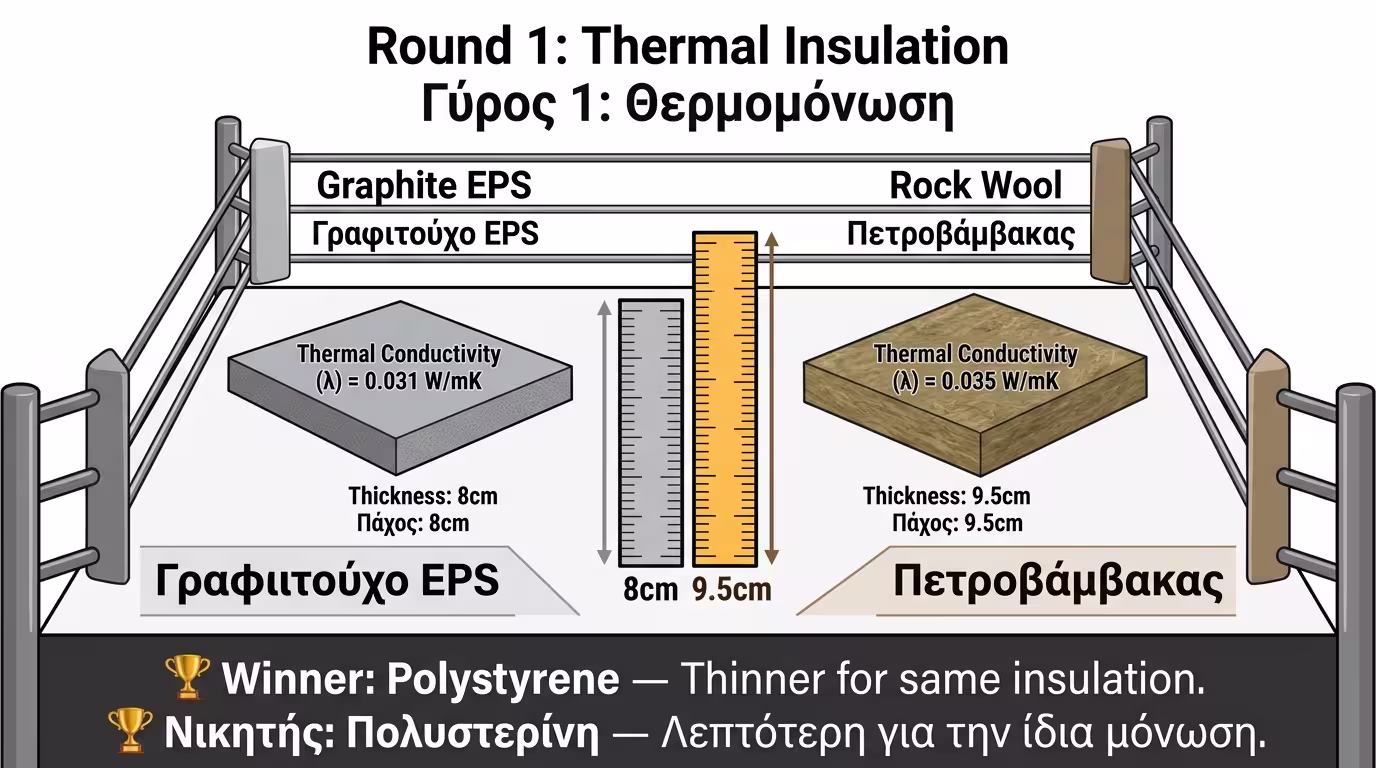Γύρος 1 - σύγκριση θερμικής αγωγιμότητας EPS vs πετροβάμβακας