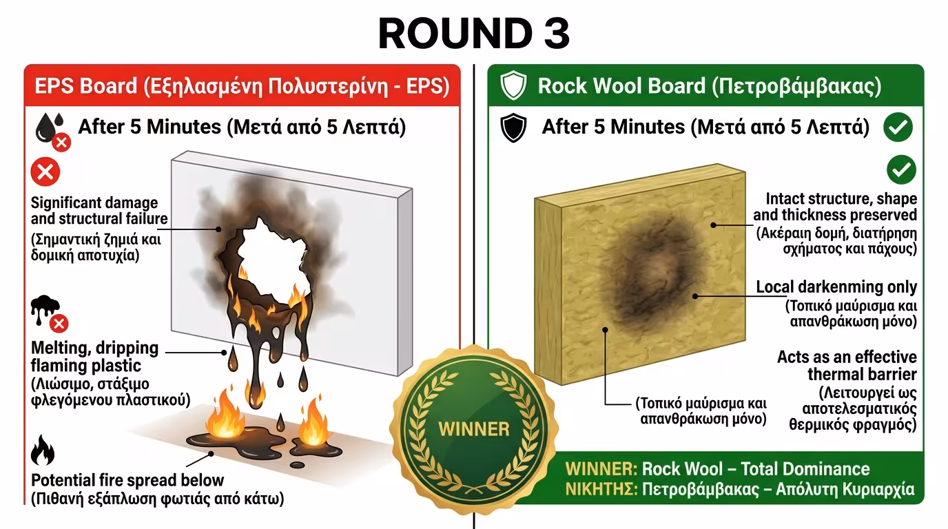 Γύρος 3: φλεγόμενες σταγόνες EPS στάζουν - πετροβάμβακας μένει ξηρός, μηδέν σταγόνες