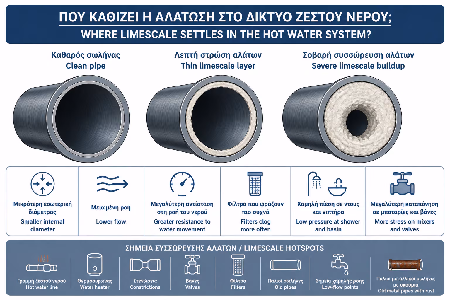 Εσωτερική επικάθιση αλάτων σε σωλήνα, ως εικονογράφηση για τη μείωση της διατομής