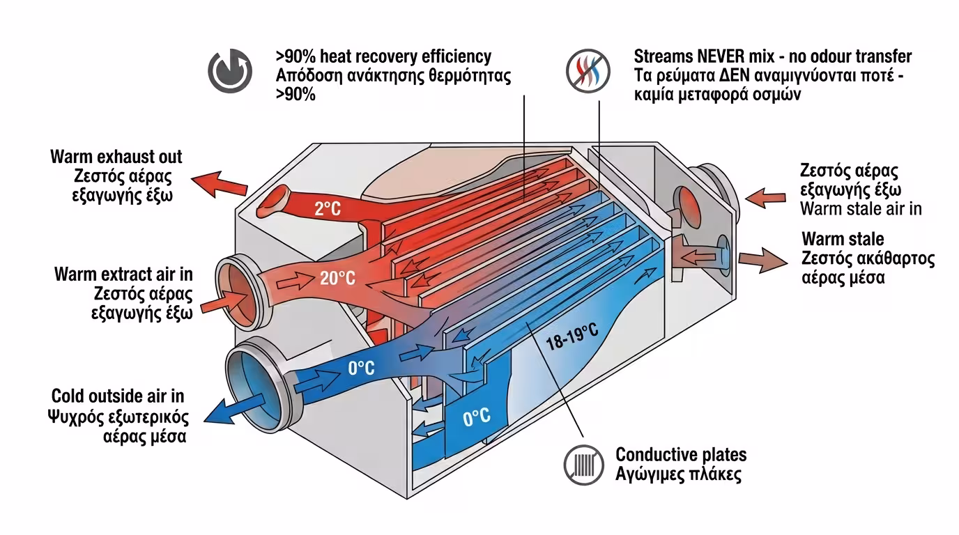 Αντιρροής εναλλάκτης θερμότητας - ανάκτηση 90%+ ενέργειας