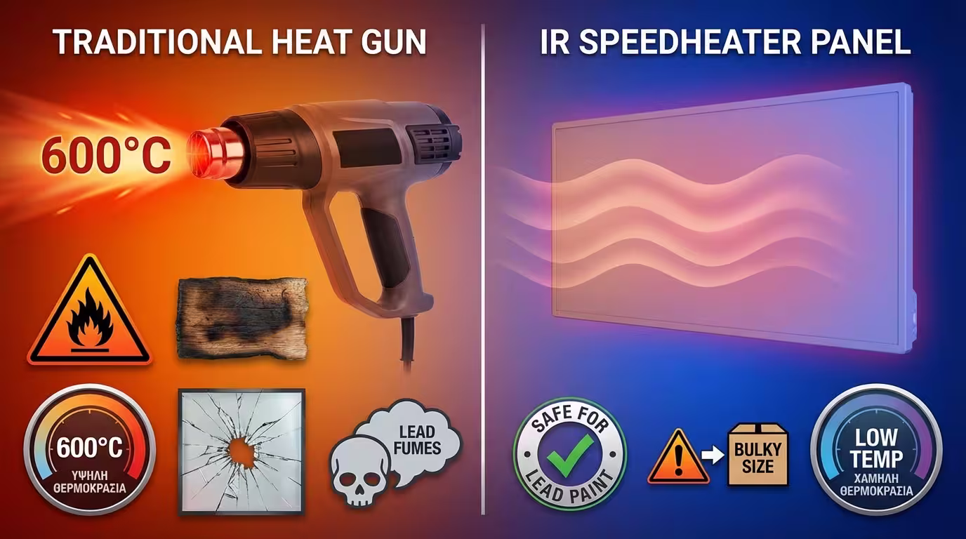 Ινφογκράφικ σύγκρισης: Θερμοπίστολο (600°C, γρήγορο, κίνδυνος καψίματος/πυρκαγιάς/μόλυβδου) vs IR Speedheater (χαμηλή θερμοκρασία, ασφαλές για μόλυβδο, ογκώδες) (ελληνικά και αγγλικά)