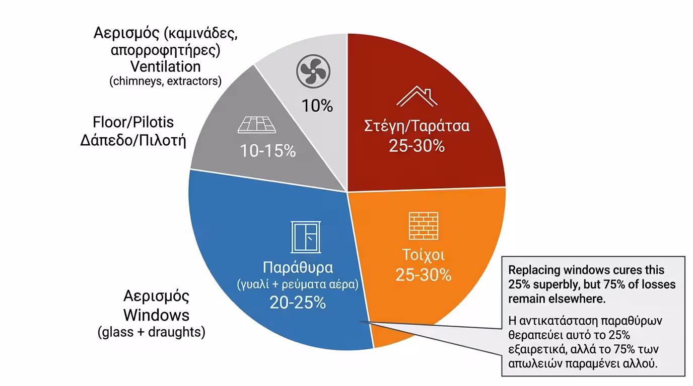 Κατανομή θερμικών απωλειών κτιρίου - στέγη, τοίχοι, κουφώματα, δάπεδο