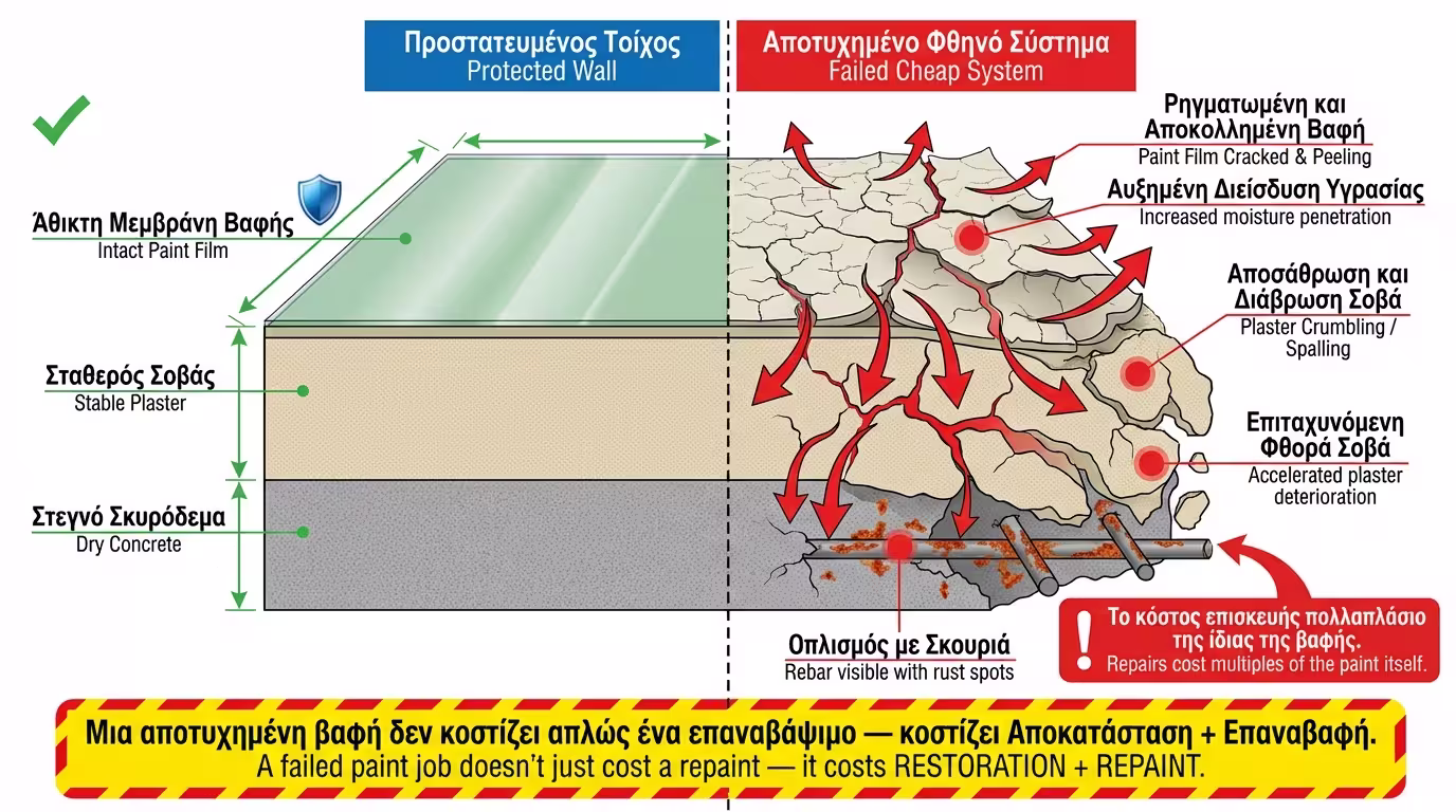 Τομή: προστατευμένος τοίχος vs κατεστραμμένος με υγρασία & φθαρμένο σοβά