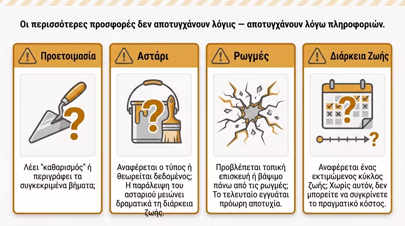Τέσσερα κενά: προετοιμασία, αστάρι, ρωγμές, διάρκεια ζωής