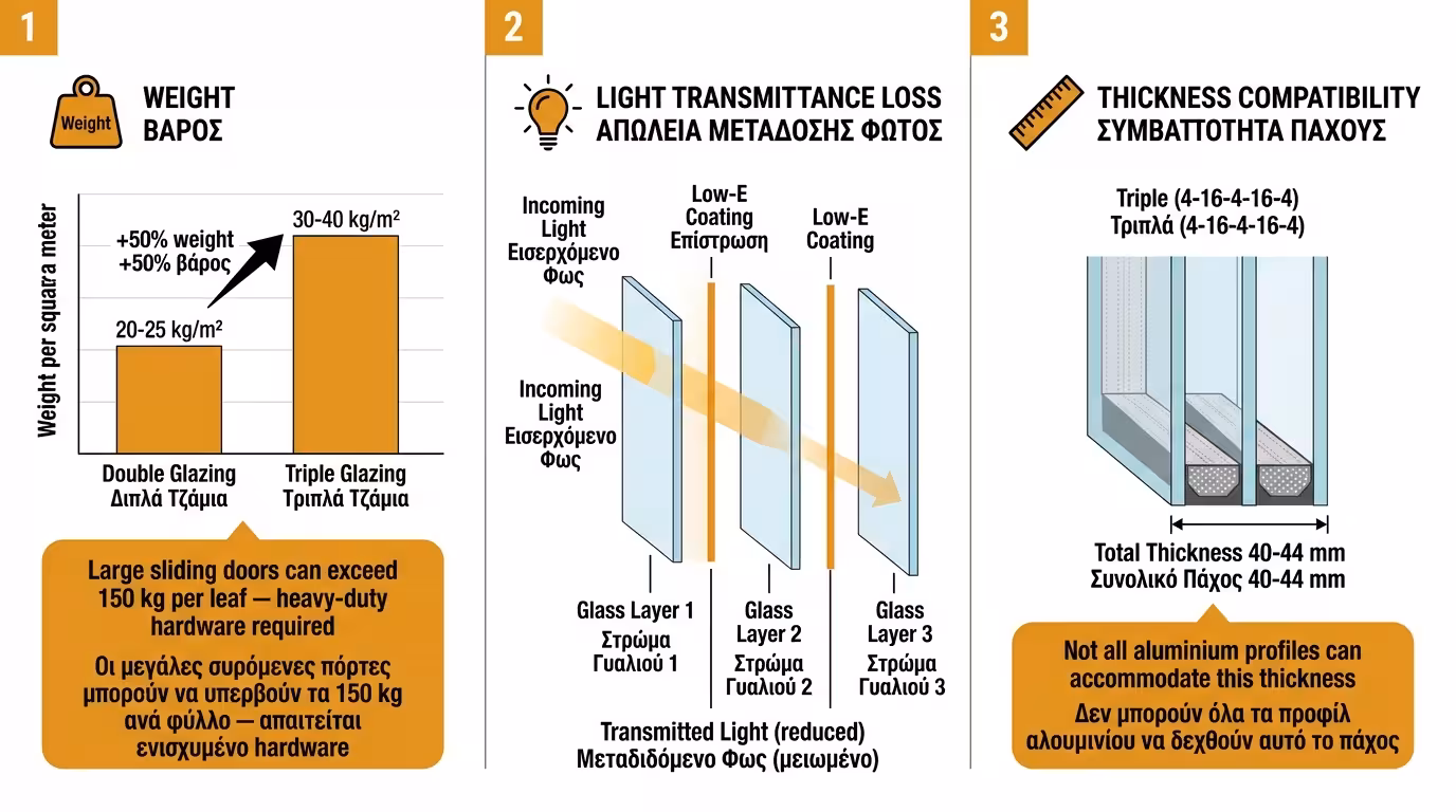 Ινφογκράφικ - βάρος, φωτεινότητα και πάχος προφίλ σε τριπλά τζάμια