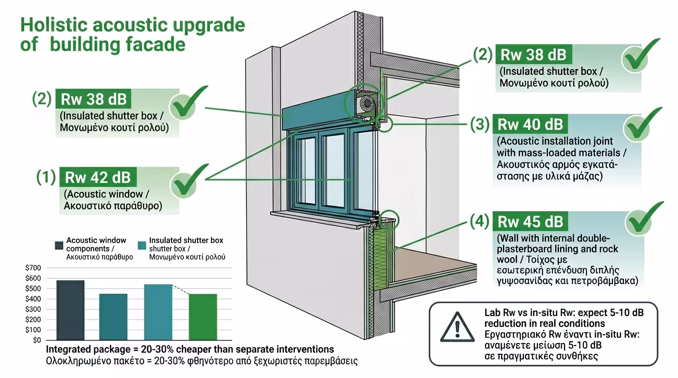 Ολοκληρωμένη ηχομονωτική αναβάθμιση - κούφωμα, κουτί ρολού, τοίχος