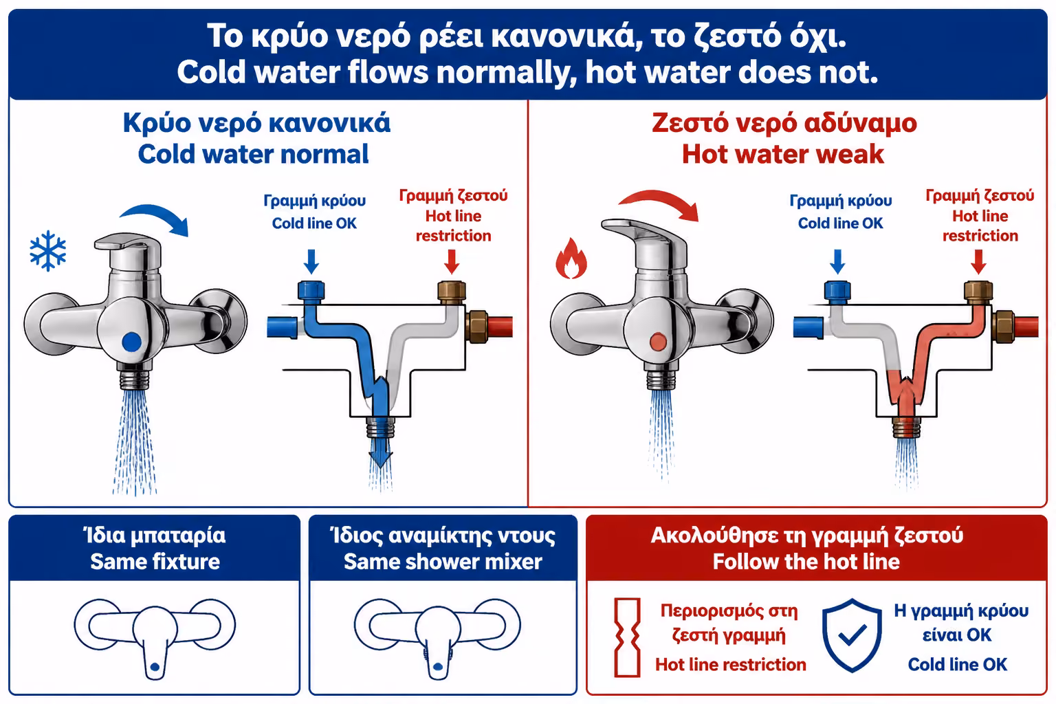 Σύγκριση ροής κρύου και ζεστού νερού σε μπαταρία μπάνιου
