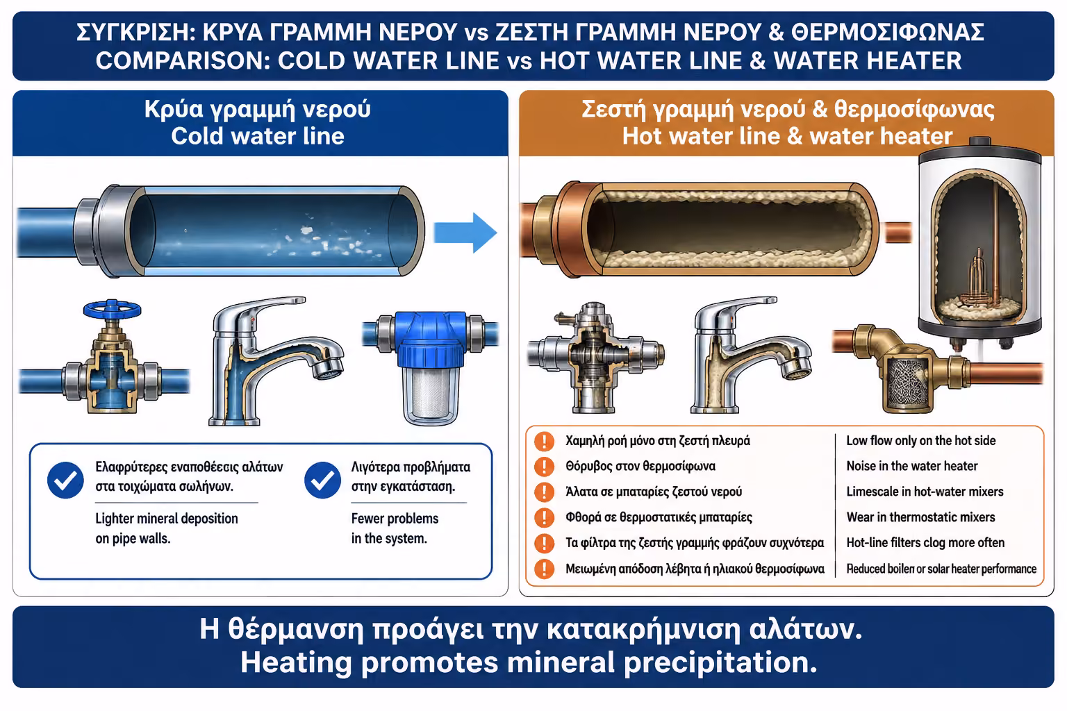 Άλατα σε γραμμή ζεστού νερού και θερμοσίφωνα, ως εικονογράφηση για τα προβλήματα του ζεστού