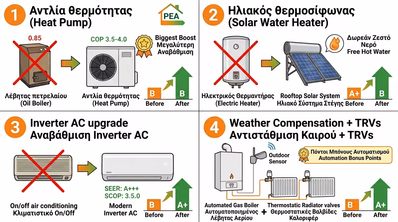 HVAC αναβάθμιση – Αντλία Θερμότητας, ηλιακός, Inverter κλιματιστικό, ανέβασμα κλάσης ΠΕΑ