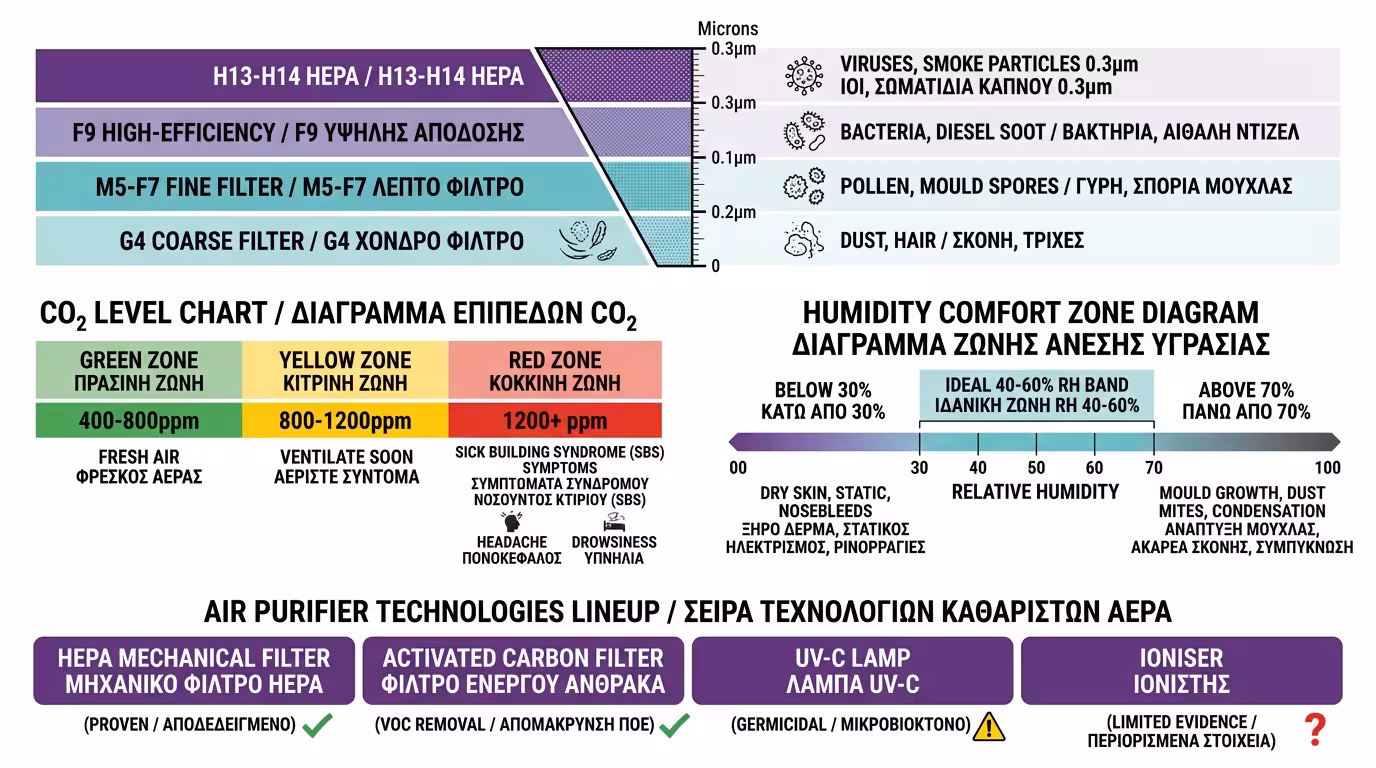 Ινφογκράφικ φιλτραρίσματος - φίλτρα G4-HEPA, CO₂, VOC, υγρασία
