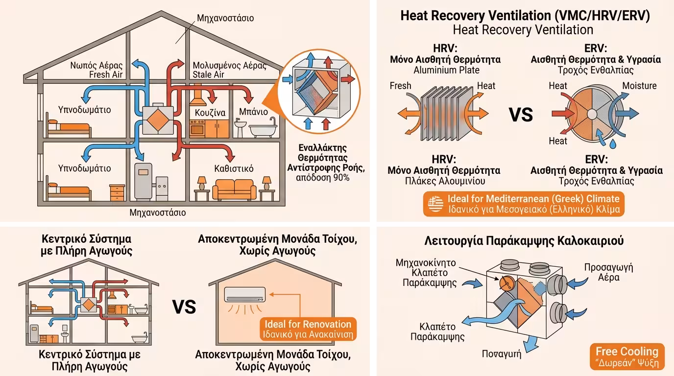 Ινφογκράφικ VMC - HRV, ERV, κεντρικό vs τοπικό, summer bypass