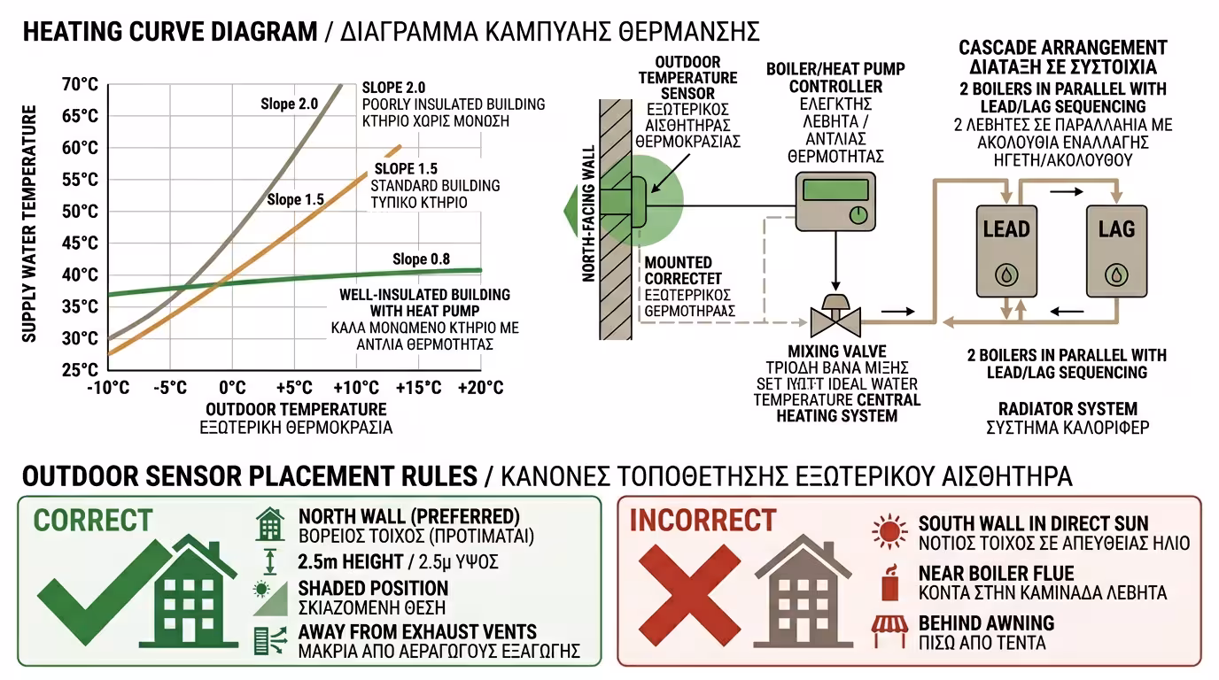 Ινφογκράφικ αντιστάθμισης - καμπύλη θέρμανσης, αισθητήρια, cascade