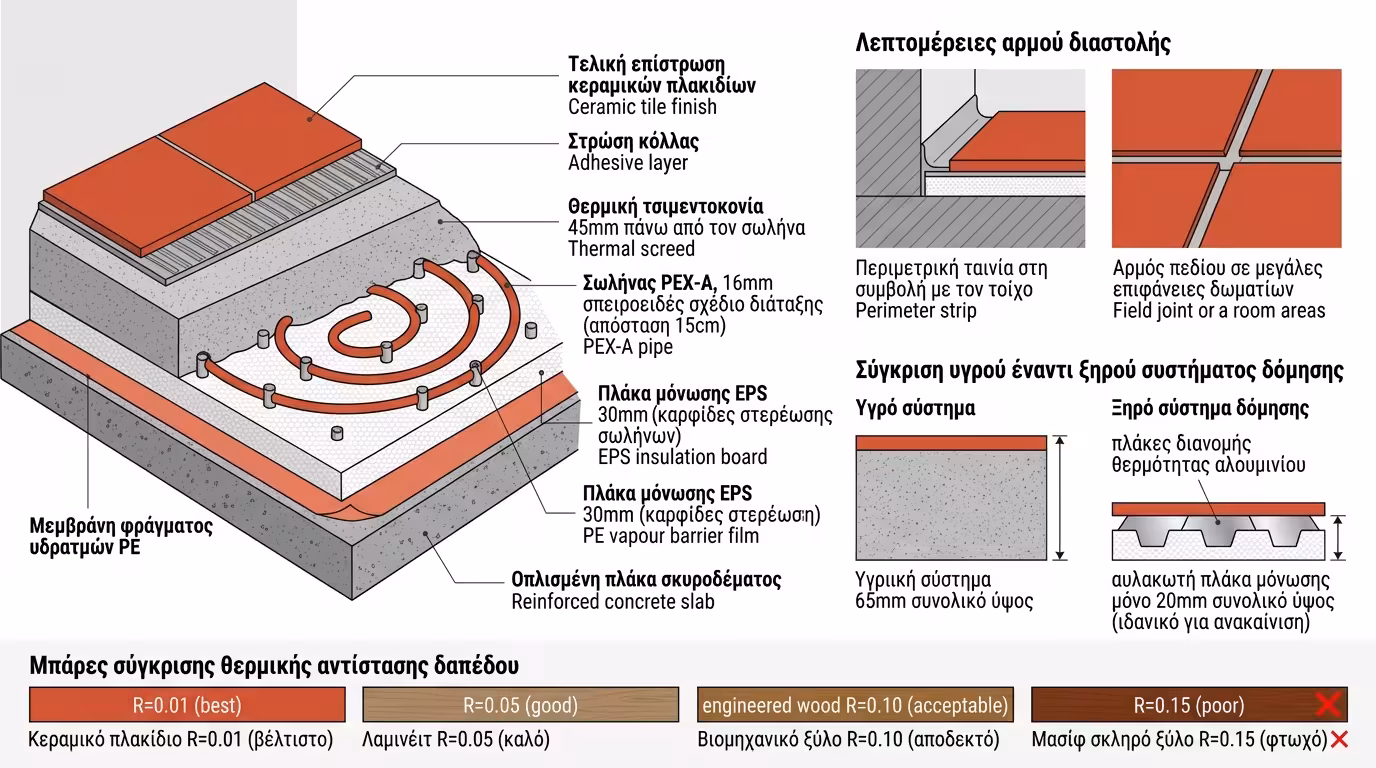 Ινφογκράφικ ενδοδαπέδιας θέρμανσης - στρωματογραφία, αρμοί, ξηρή δόμηση