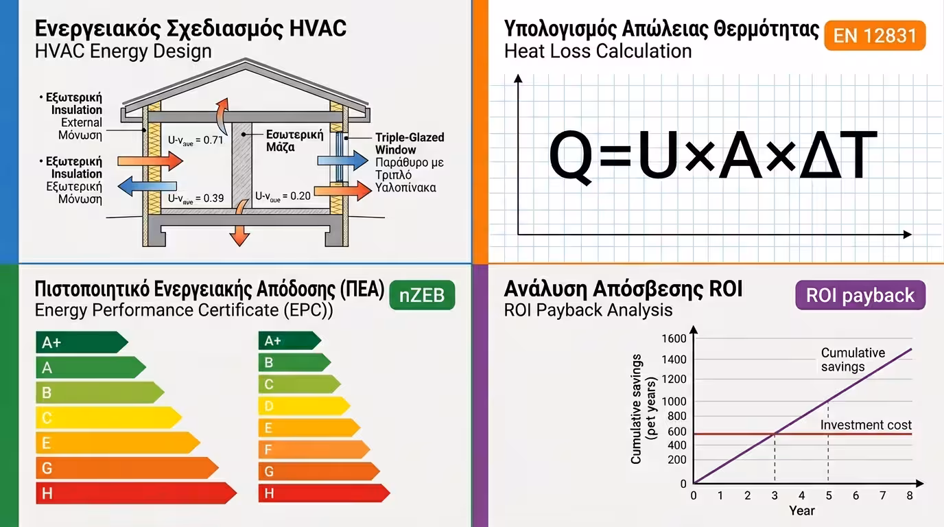 Ενεργειακός σχεδιασμός HVAC - κέλυφος, φορτία, ΚΕΝΑΚ, ROI