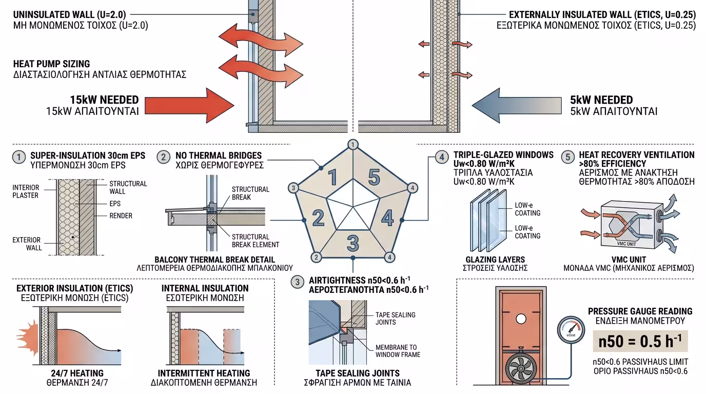 Ινφογκράφικ κελύφους - θερμομόνωση, Passivhaus, θερμογέφυρες, αεροστεγανότητα