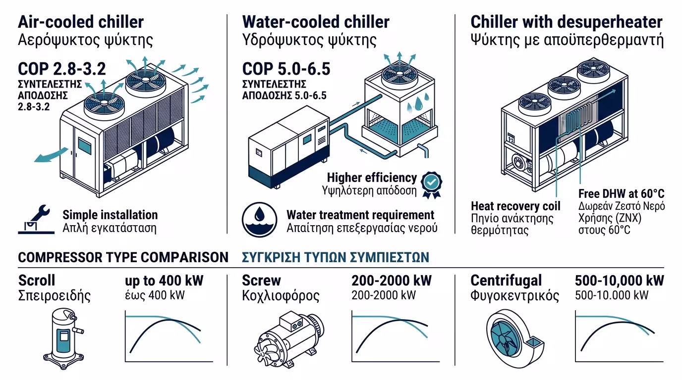 Ινφογκράφικ ψυκτών νερού - αερόψυκτοι, υδρόψυκτοι, πύργοι ψύξης