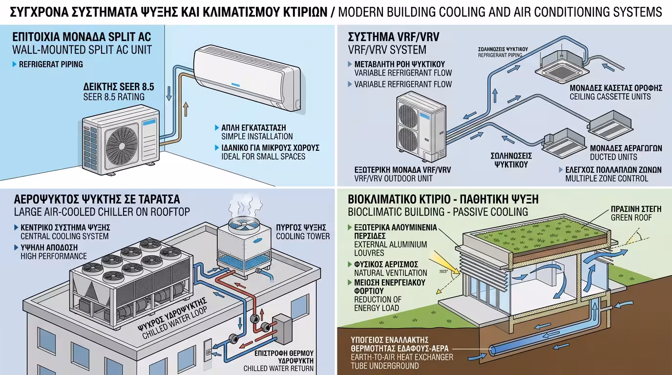 Σύγχρονα συστήματα ψύξης και κλιματισμού - split, VRV, chillers, βιοκλιματισμός