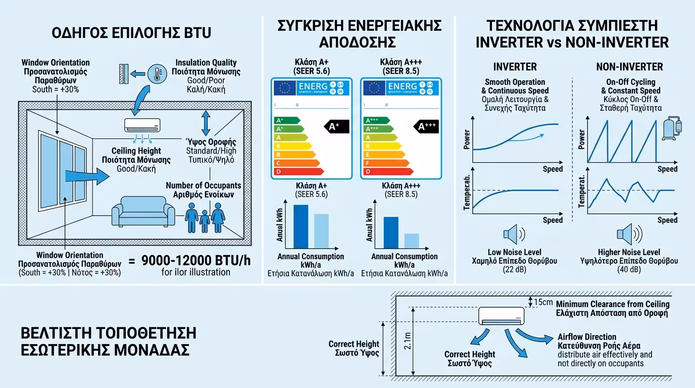 Ινφογκράφικ οικιακού κλιματισμού - BTU, SEER, Inverter, multi-split