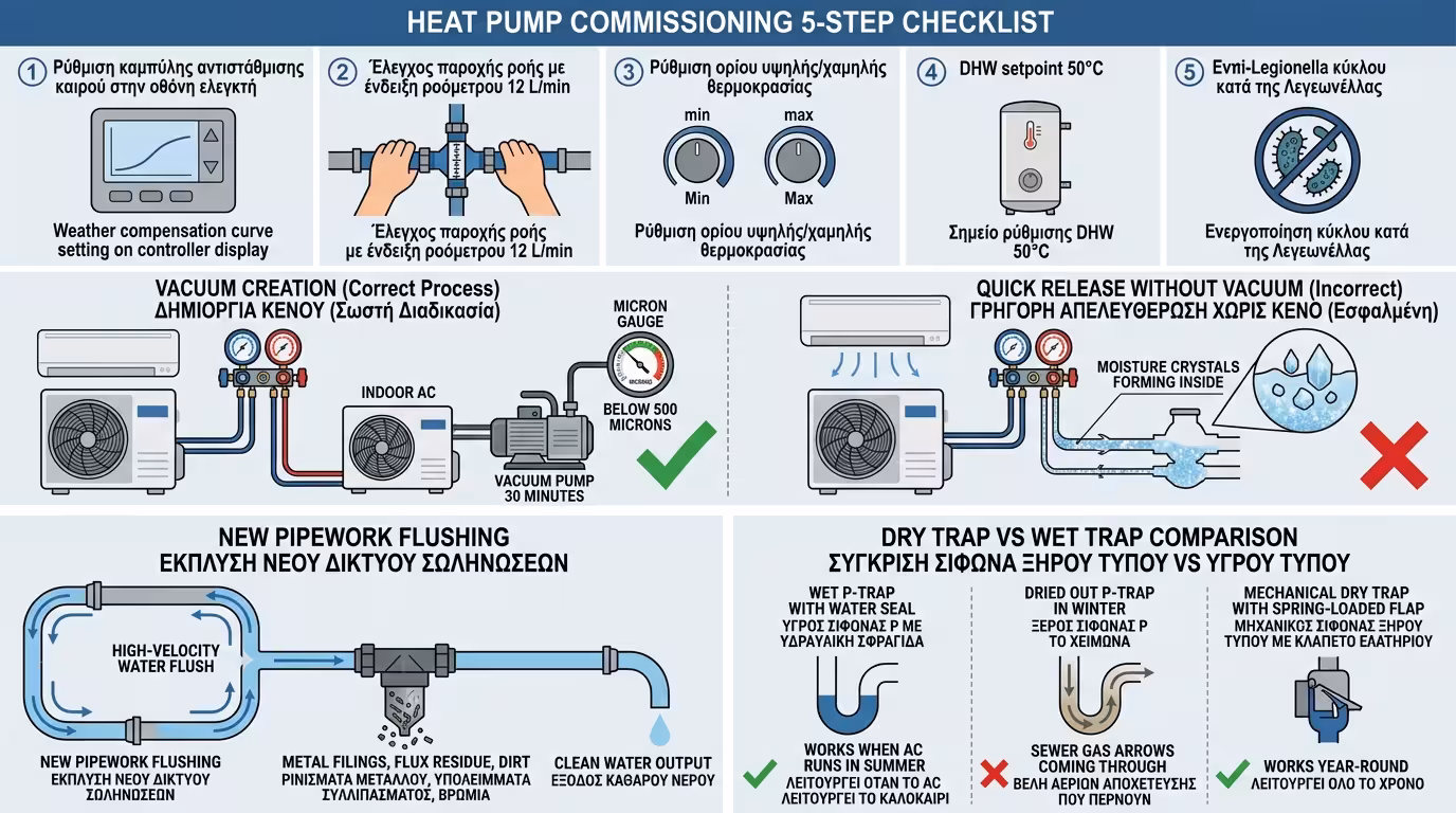 Ινφογκράφικ εγκατάστασης - commissioning, vacuum, flushing, frost protection