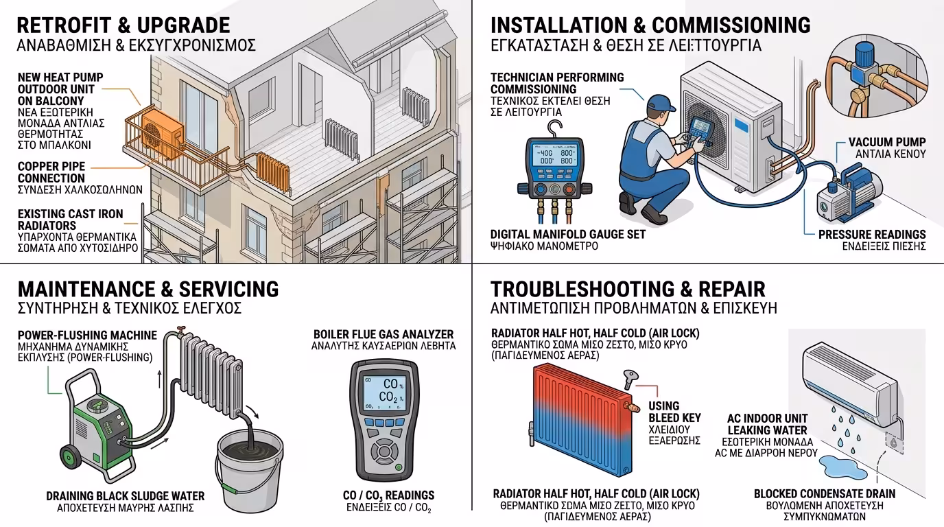 Ανακαινίσεις HVAC - retrofitting, εγκατάσταση, συντήρηση, troubleshooting