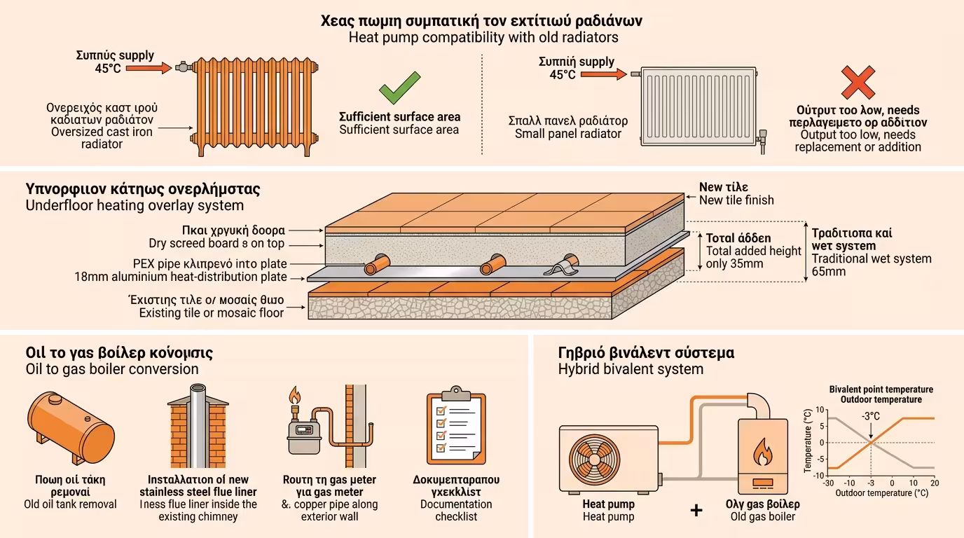 Ινφογκράφικ ανακαινίσεων - αντλία με καλοριφέρ, ενδοδαπέδια, υβριδικά
