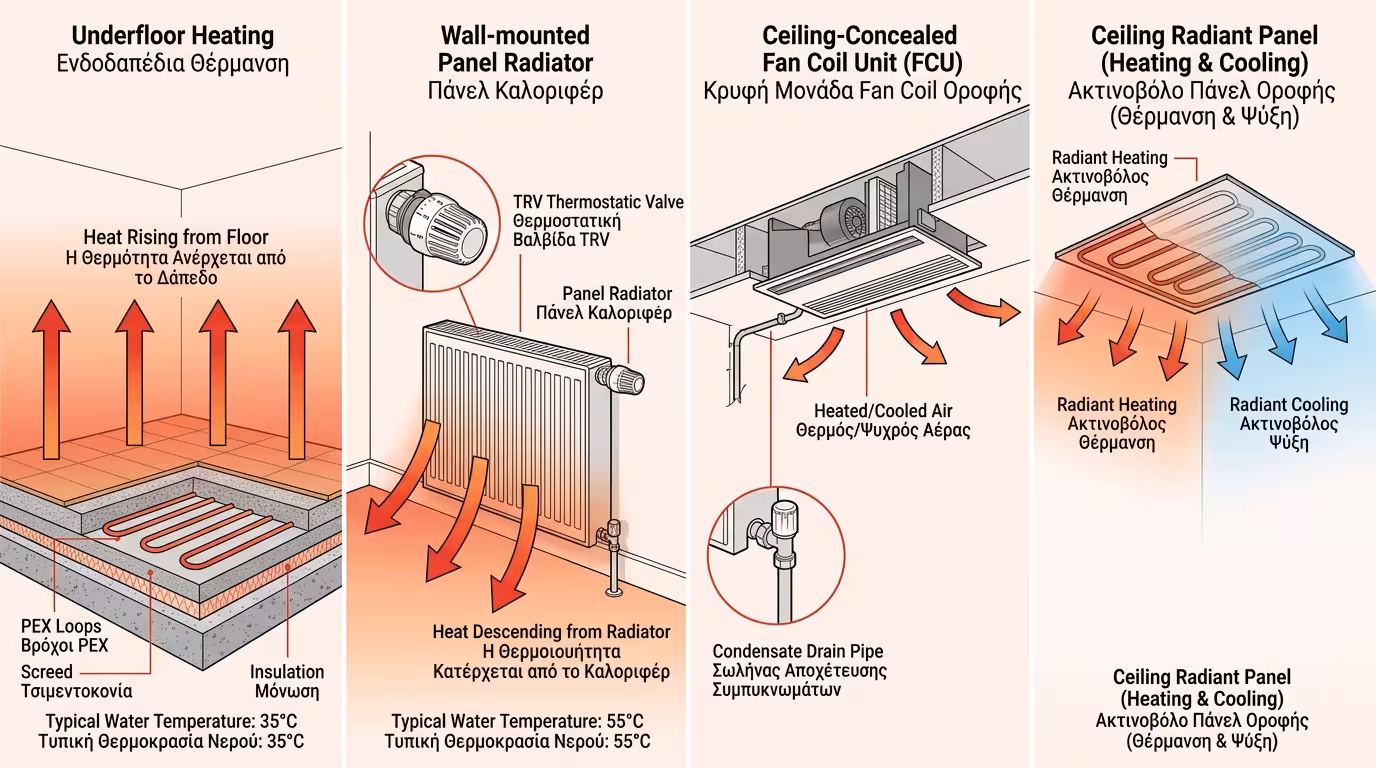 Συστήματα εκπομπής - ενδοδαπέδια θέρμανση, fan coils, καλοριφέρ