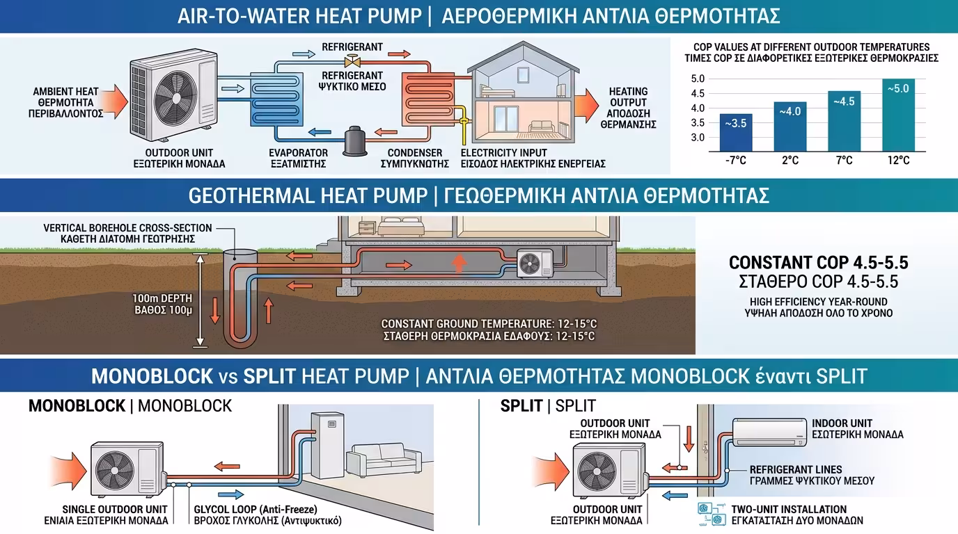 Ινφογκράφικ αντλιών θερμότητας - τύποι, COP, γεωθερμία