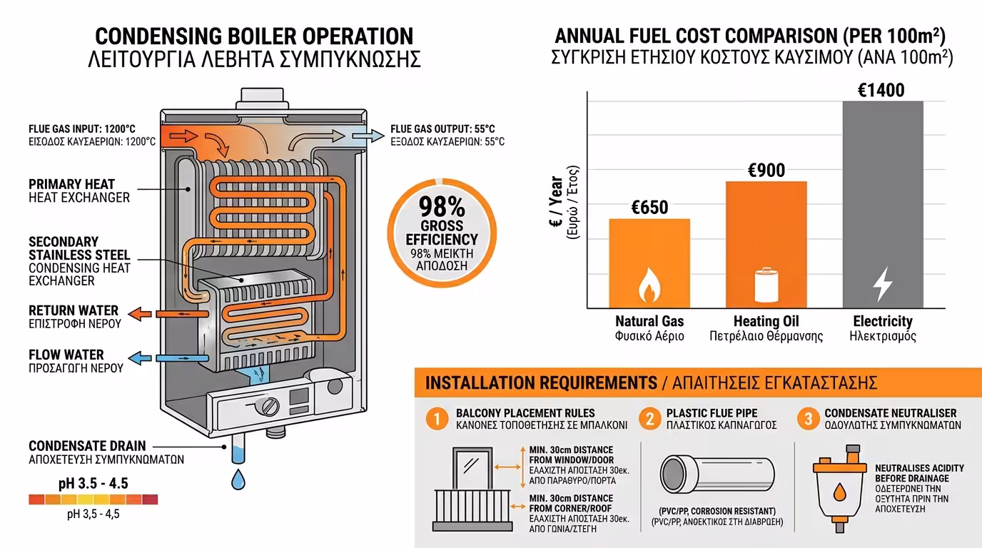 Ινφογκράφικ λεβήτων συμπύκνωσης - αρχή λειτουργίας, σύγκριση καυσίμων