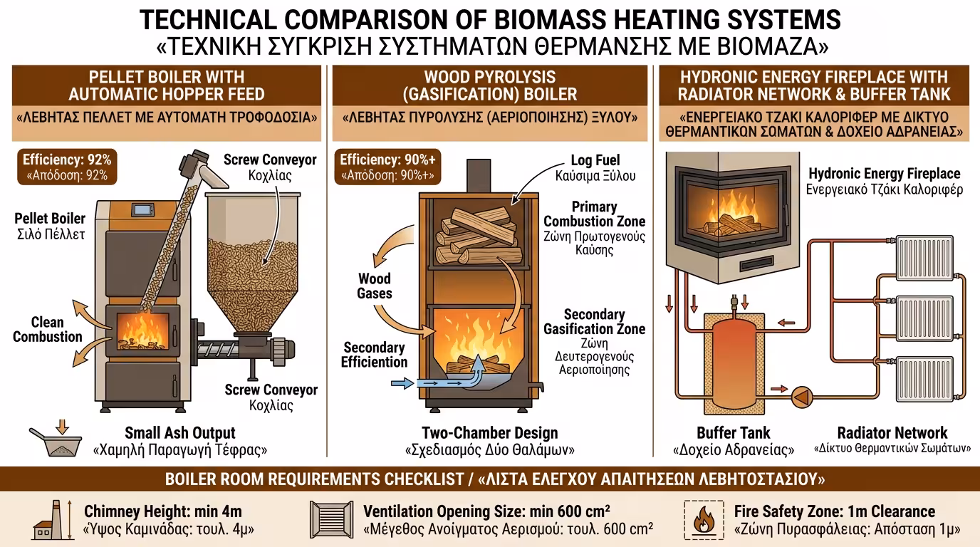 Ινφογκράφικ βιομάζας - pellet, πυρόλυση ξύλου, ενεργειακά τζάκια