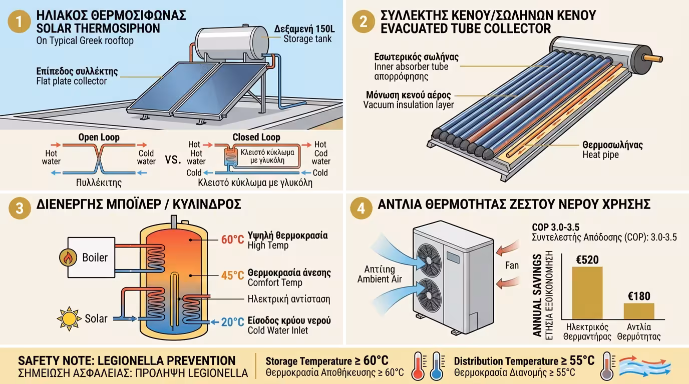 Ινφογκράφικ ΖΝΧ - ηλιακοί θερμοσίφωνες, μπόιλερ, αντλίες θερμότητας ΖΝΧ