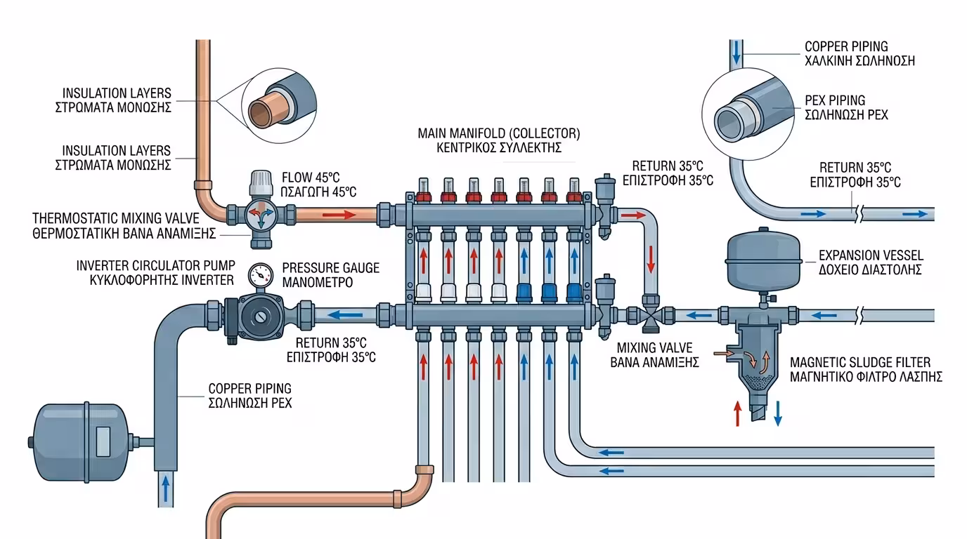 Υδραυλικά δίκτυα HVAC - σωληνώσεις, κυκλοφορητές, κολλεκτέρ