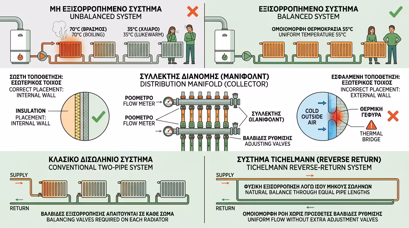 Ινφογκράφικ υδραυλικής εξισορρόπησης - κολλεκτέρ, βάνες, Tichelmann