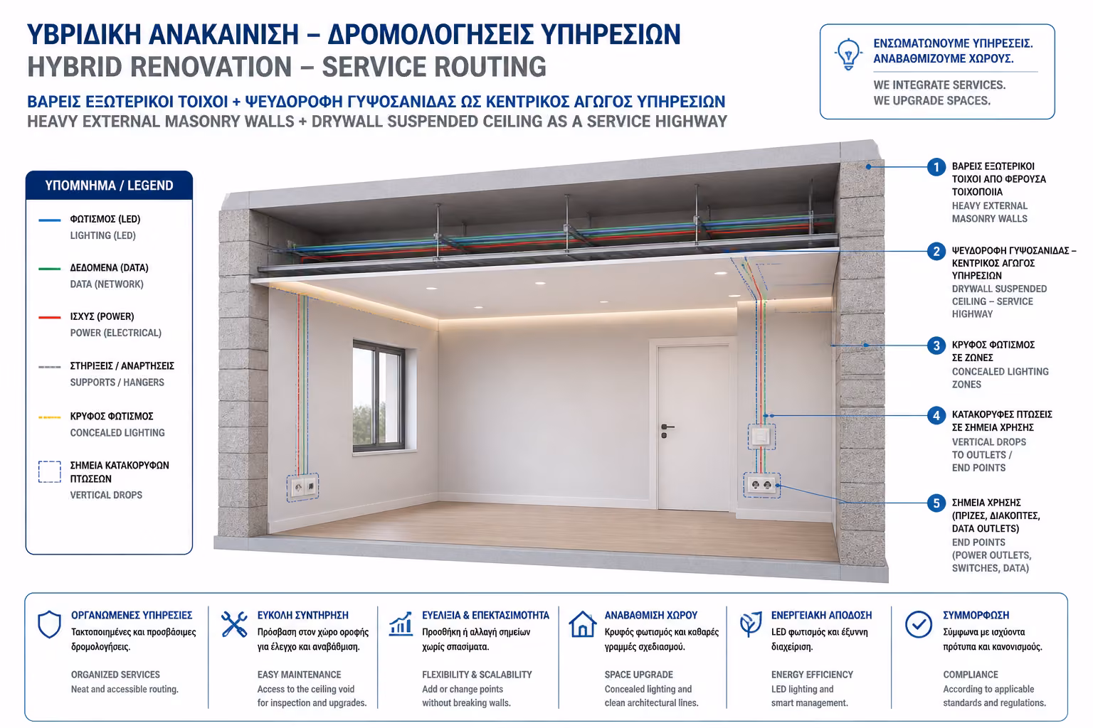 Υβριδική ανακαίνιση με τούβλο στους τοίχους και γυψοσανίδα στην οροφή