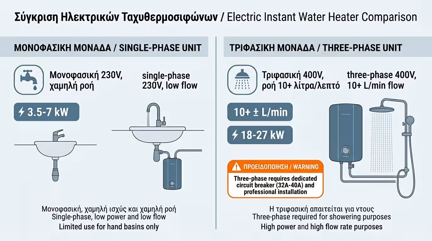 Ηλεκτρικός ταχυθερμοσίφωνας - τριφασικό 18kW, παγίδα ισχύος