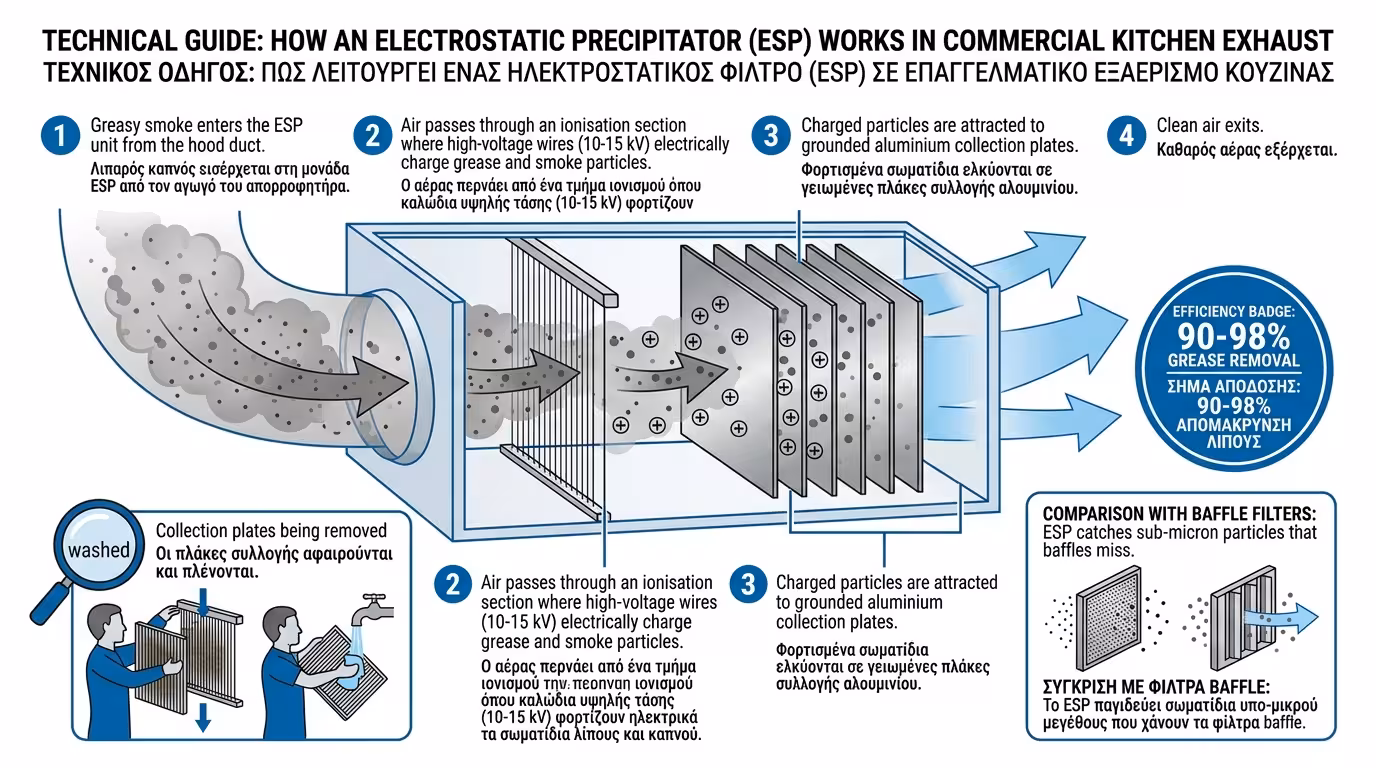 Ηλεκτροστατικά φίλτρα ESP - καπνός ψησταριάς, ιονισμός, αφαίρεση λίπους