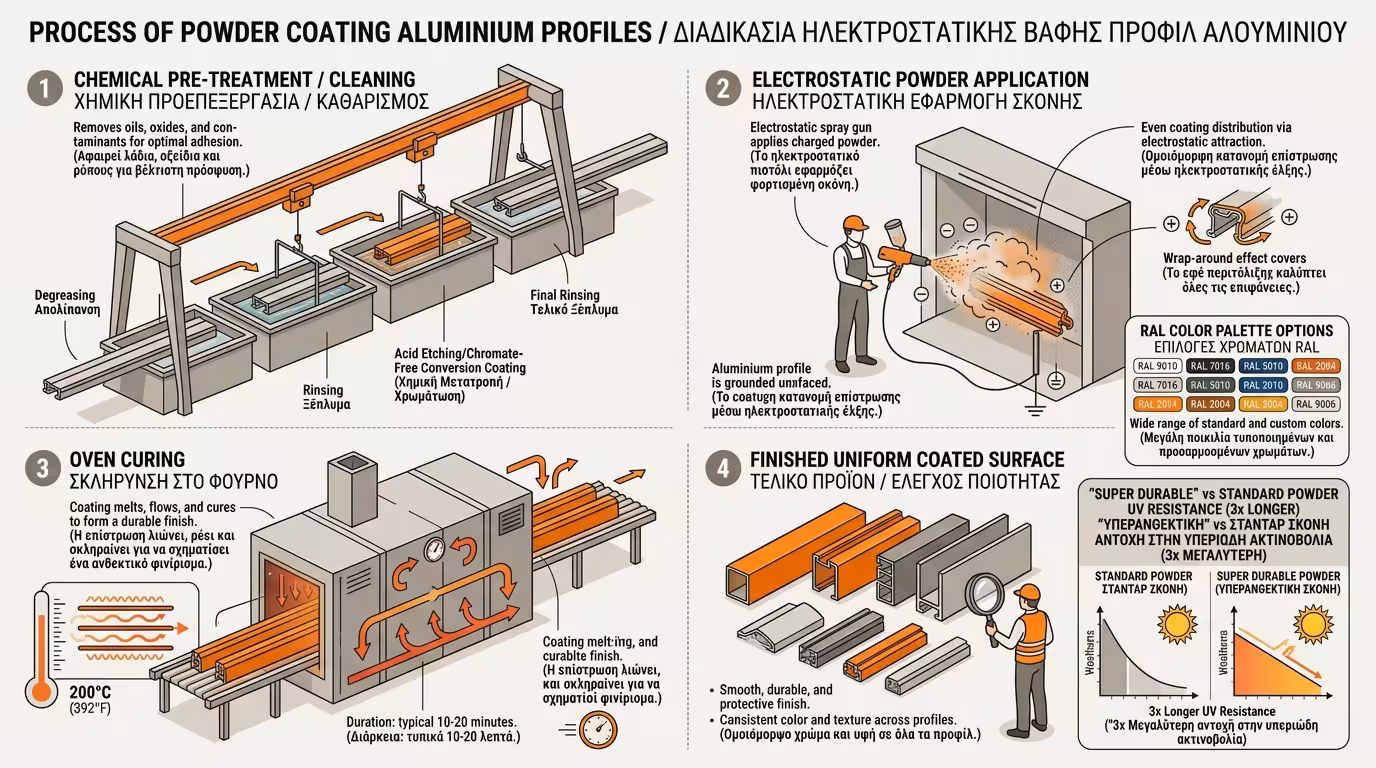 Ηλεκτροστατική βαφή αλουμινίου - ψεκασμός πούδρας και φούρνος πολυμερισμού