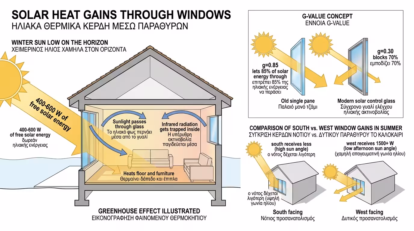 Ηλιακά κέρδη - νότια παράθυρα χειμώνα, φαινόμενο θερμοκηπίου, G-Value τζαμιών