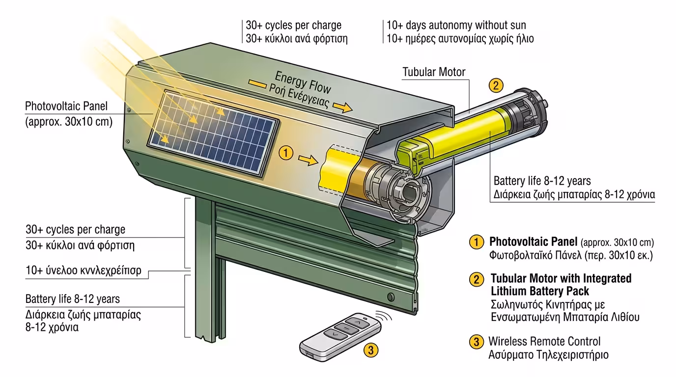 Ηλιακό μοτέρ ρολού με φωτοβολταϊκό πάνελ στο κουτί