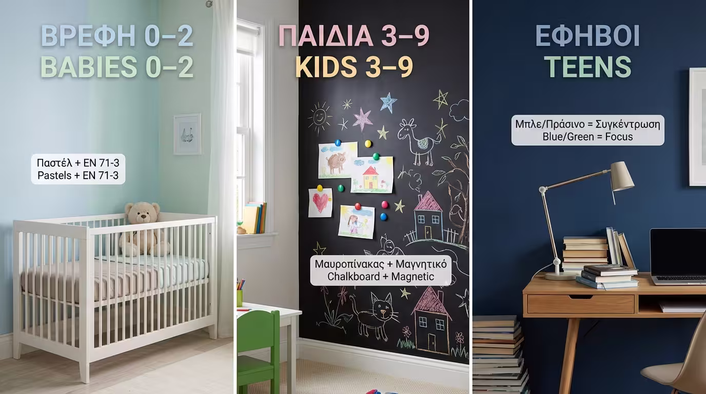 Infographic: 3 ηλικιακές ζώνες - βρέφη (παστέλ), παιδιά (μαυροπίνακας), έφηβοι (βαθιά χρώματα)