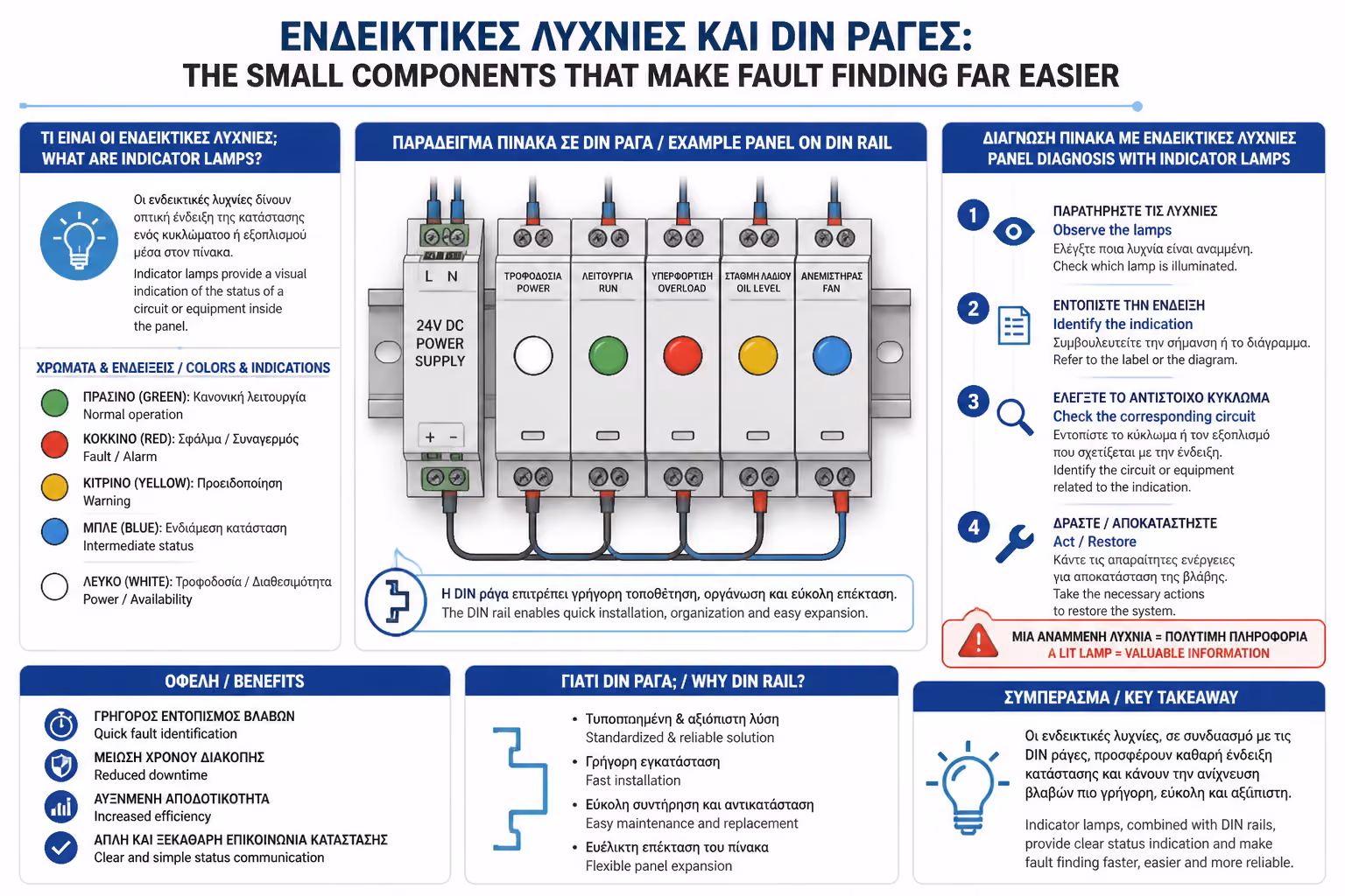 Ενδεικτικές λυχνίες για γρήγορη διάγνωση κατάστασης πίνακα