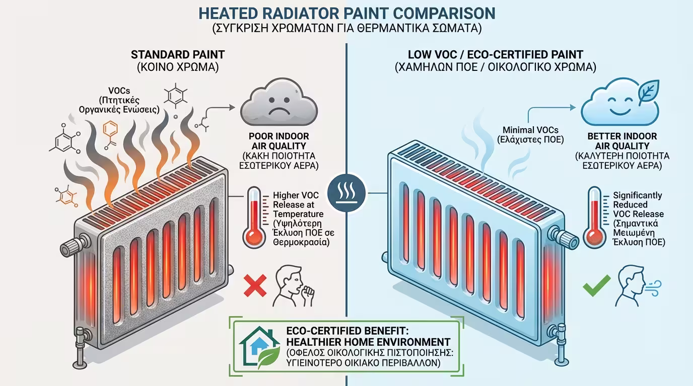 Ινφογκράφικ: Η έκλυση πτητικών ουσιών (VOC) κατά την πρώτη θέρμανση και η σημασία των οικολογικών χρωμάτων.