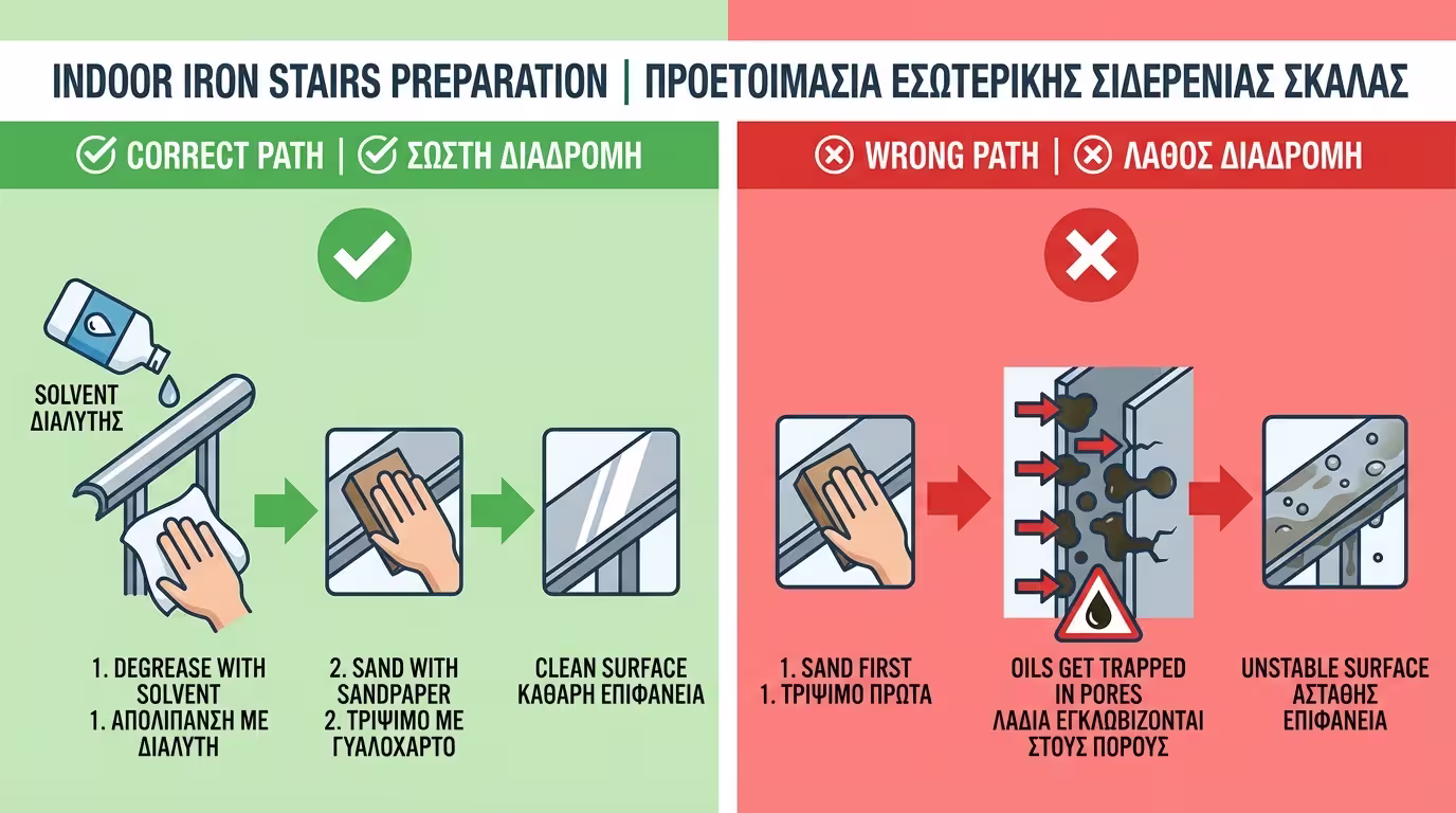 Ινφογκράφικ: Η σωστή σειρά - πρώτα απολίπανση, μετά τρίψιμο, για εσωτερική σιδερένια σκάλα.