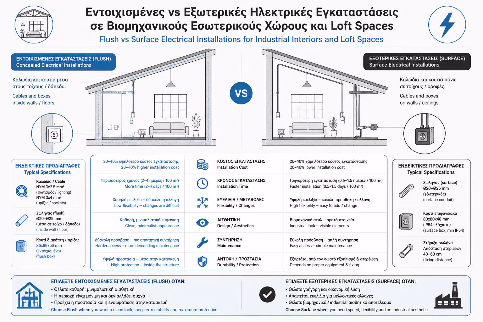 Σύγκριση χωνευτής και εμφανής ηλεκτρολογικής εγκατάστασης σε loft